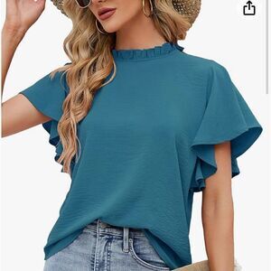 Aifer Turquoise Ruffle Collar Blouse w button closure in back & Flutter sleeves